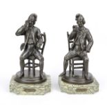 G. Rogron, sculptor c. 1900, a smoker and a snuffer, men sitting on chairs, dark patinated