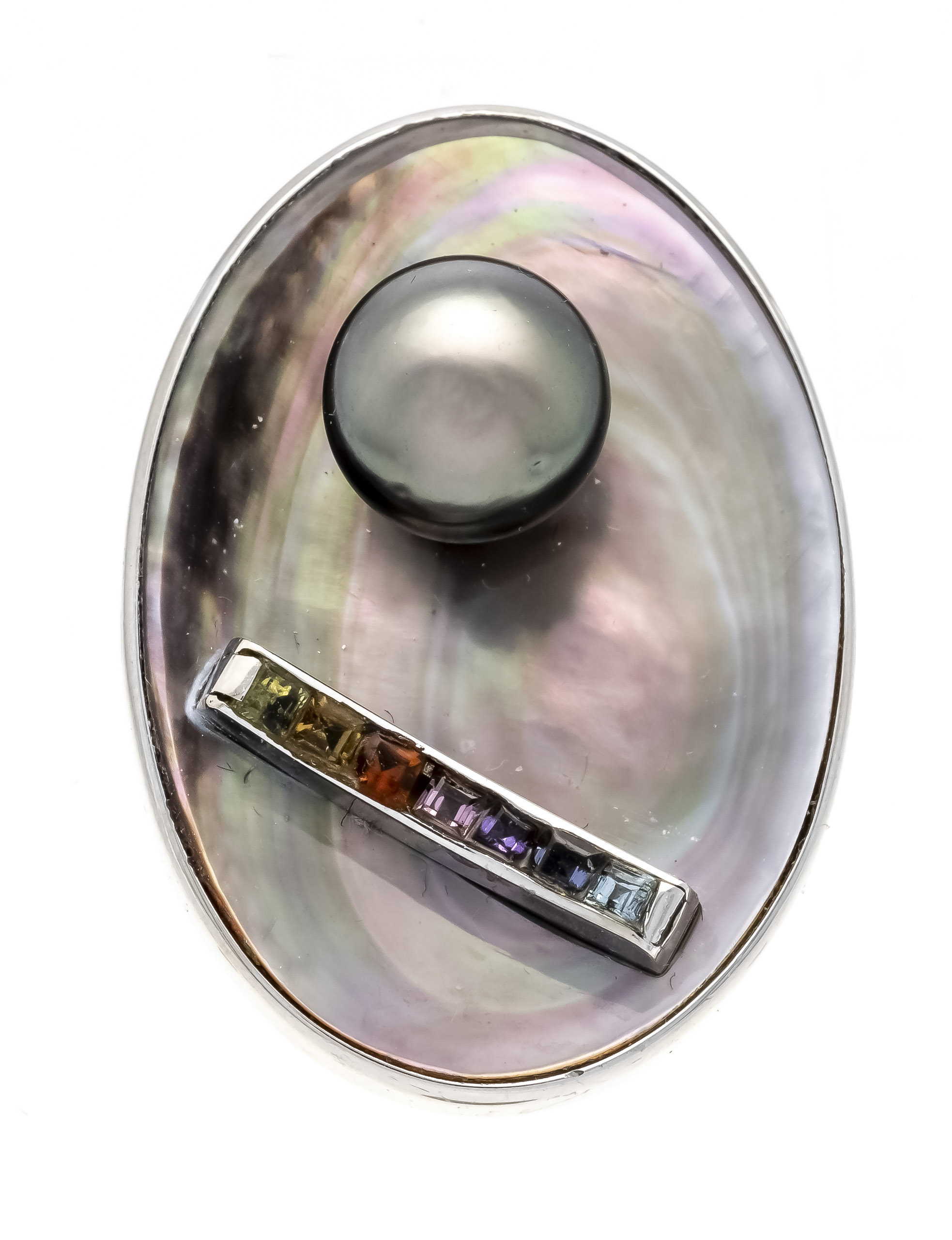 Tahitian pearl multicolor lapel pin WG 750/000 with a grey Tahitian pearl 9 mm with very good lustre