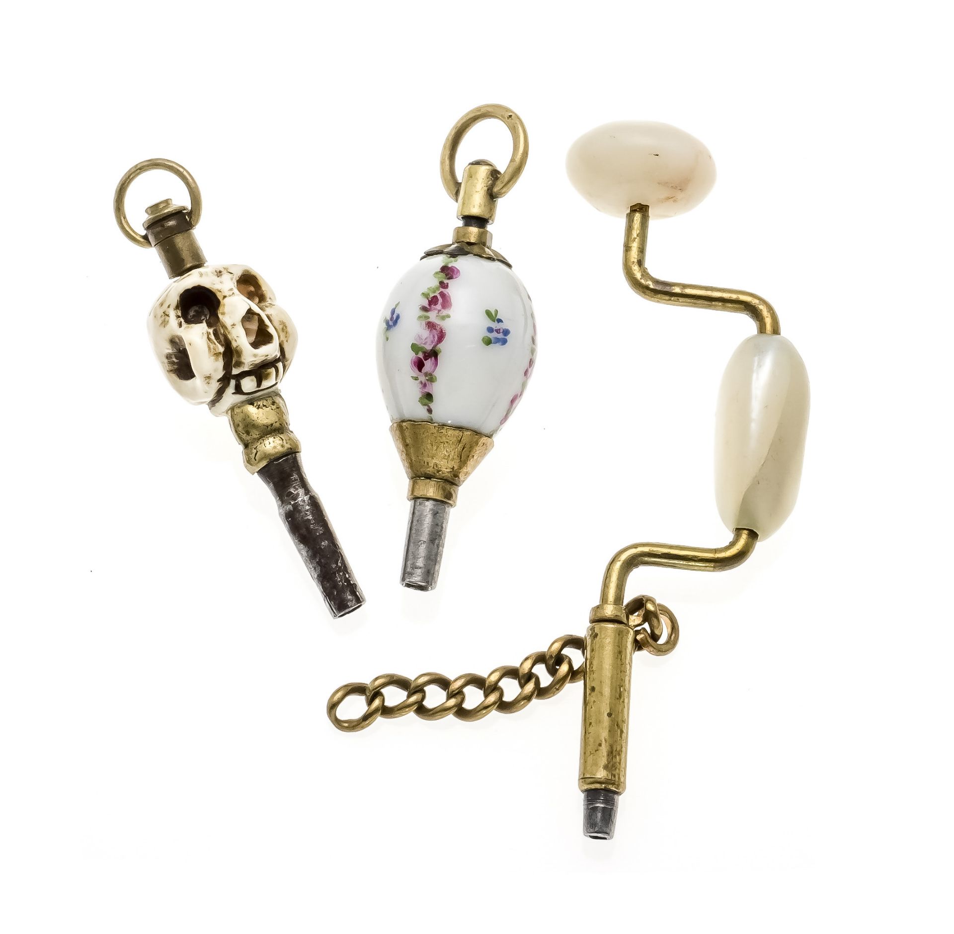 3 antique pocket watch keys, 19th century, very rare motifs of skull, drilling machine and