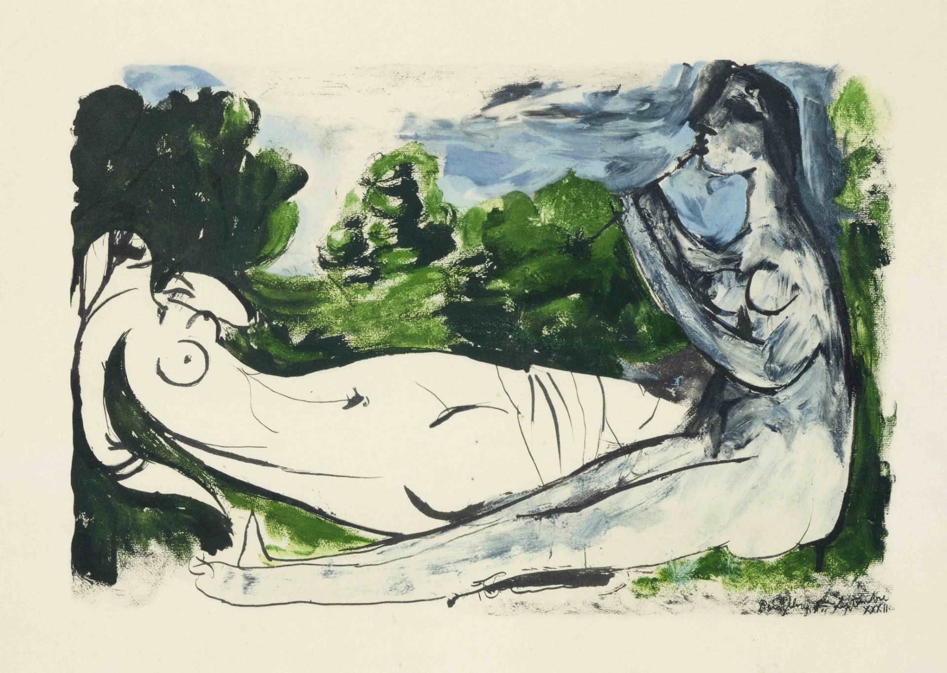 Pablo Picasso (1881-1973), ''Femme nue et joueuse de flûte 1932'', pochoir lithograph, realized 1967