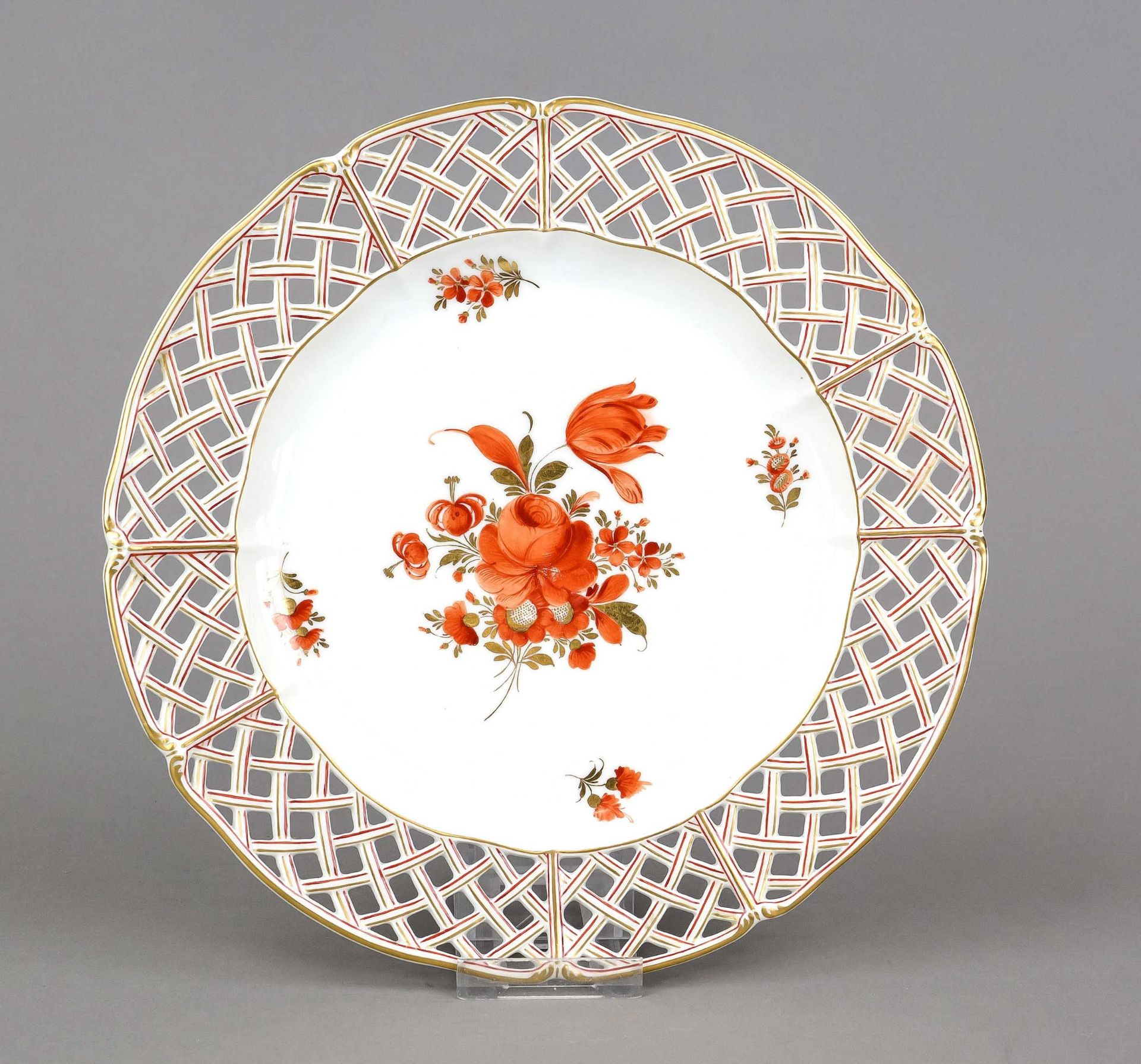 Openwork plate, Nymphenburg, 20th century, floral painting in red and gold in the mirror, basket-
