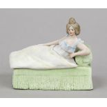 Erotic matchbox, late 19th century, polychrome painted bisque porcelain. Lidded box as a woman on