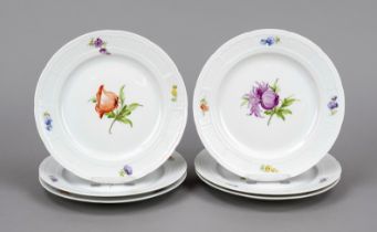 Six dessert plates, Nymphenburg, 1925-1975, wicker rim, polychrome flower painting, Ø 19 cm