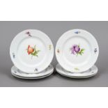 Six dessert plates, Nymphenburg, 1925-1975, wicker rim, polychrome flower painting, Ø 19 cm