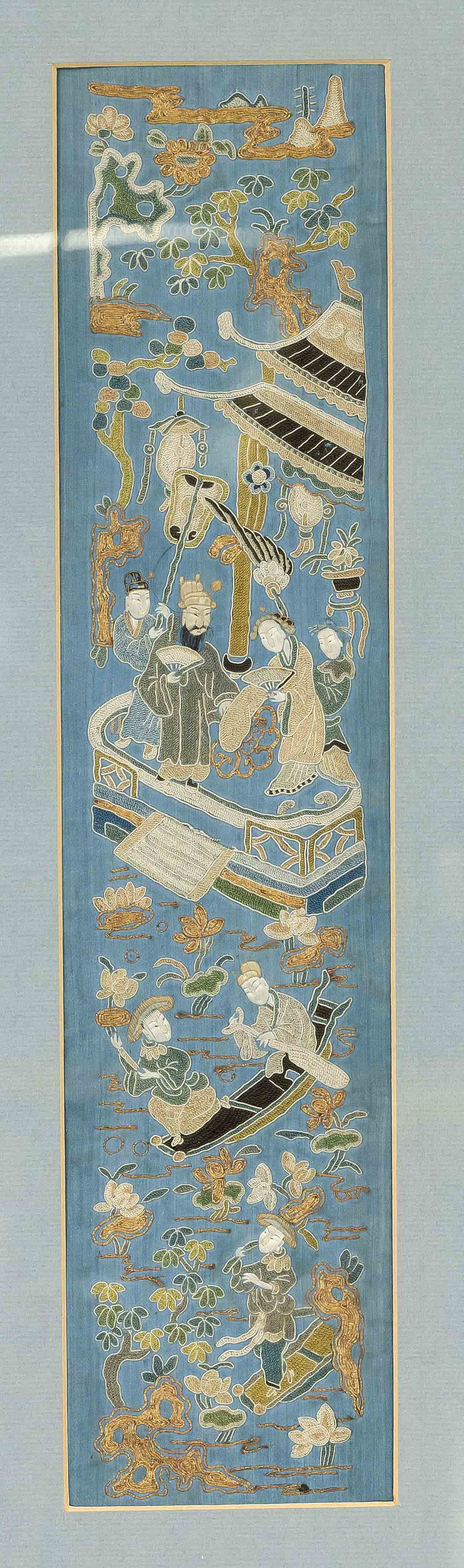 Silk embroidery, China 19th century (Qing), polychrome and gold on blue ground. Framed behind glass.