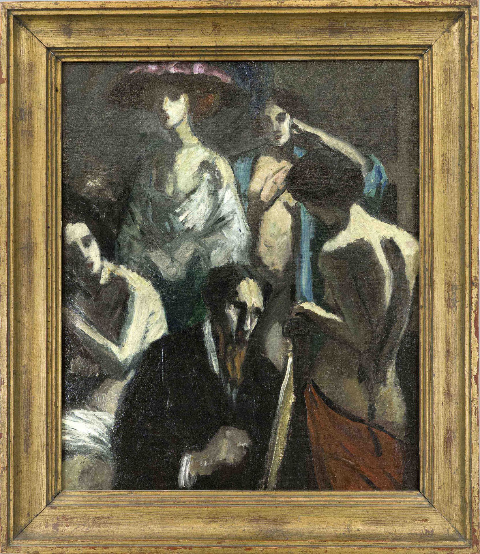 Anonymous Expressionist, c. 1910, dark studio scene with an artist surrounded by his muses, oil on