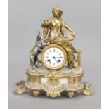 french. Figure pendulum, 2nd half 19th century, woman with tambourine and silvered kid sitting at