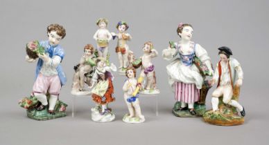 A group of 9 figures, polychrome painted, partly ornamentally gilded, putto with flower basket,