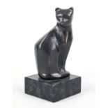 Monogrammist EL, 2nd half 20th century, stylized cat, patinated bronze on marble plinth, monogrammed