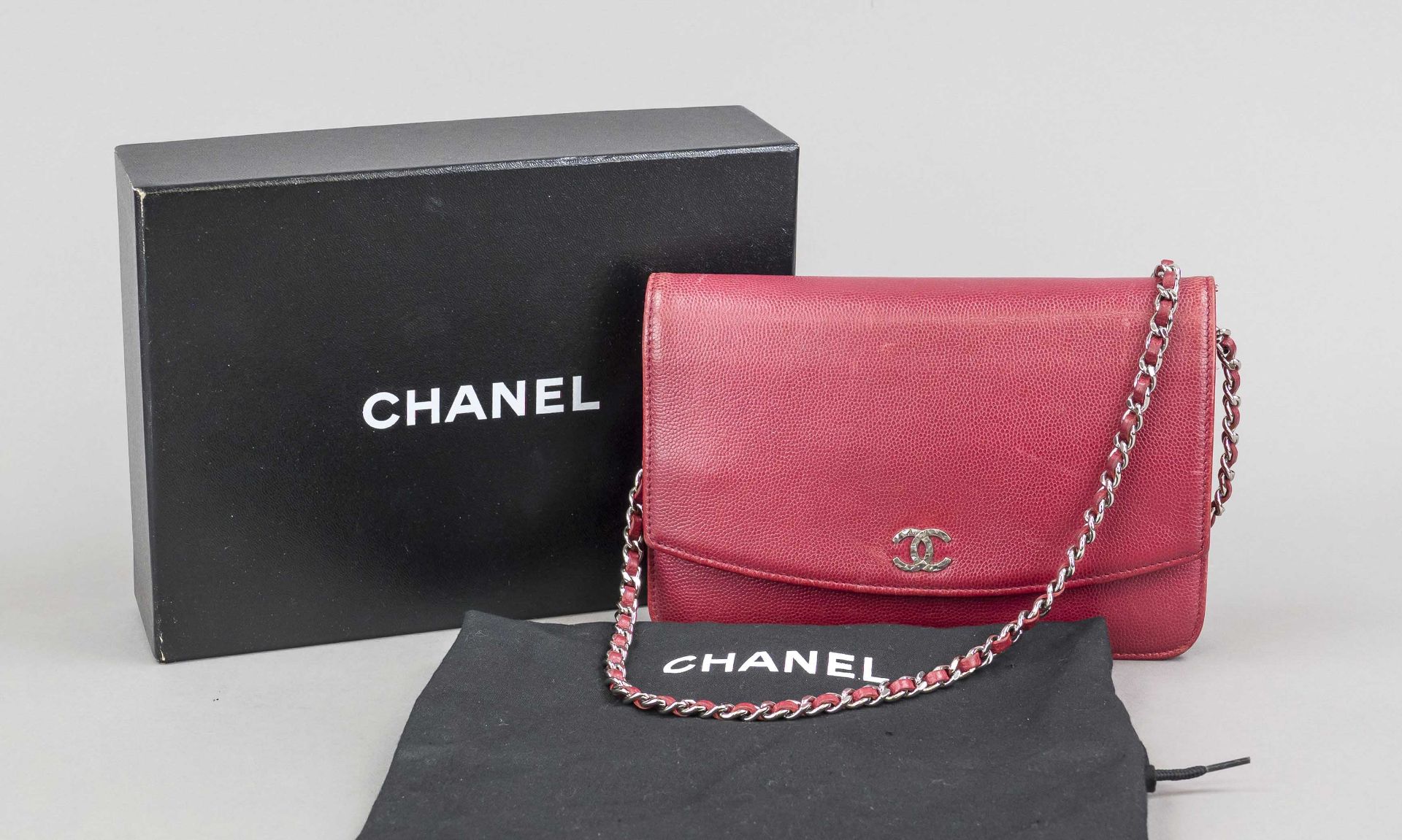 Chanel, Vintage Sevruga Wallet On Chain Red Caviar Calfskin, burgundy caviar leather, silver-colored