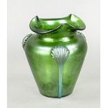 Art Nouveau vase, c. 1900, round base, conical body, 3-pass bent mouth rim, green glass with light