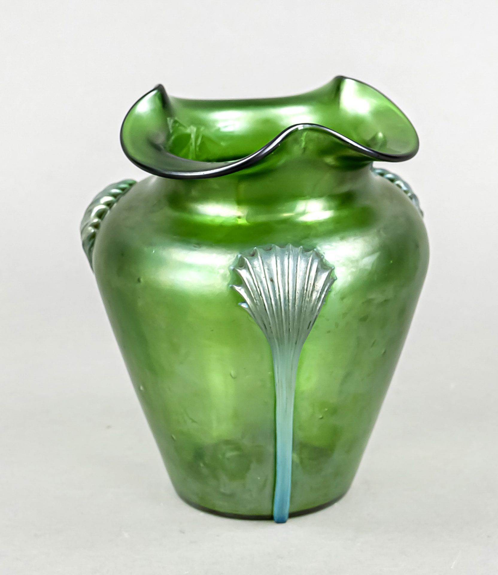 Art Nouveau vase, c. 1900, round base, conical body, 3-pass bent mouth rim, green glass with light