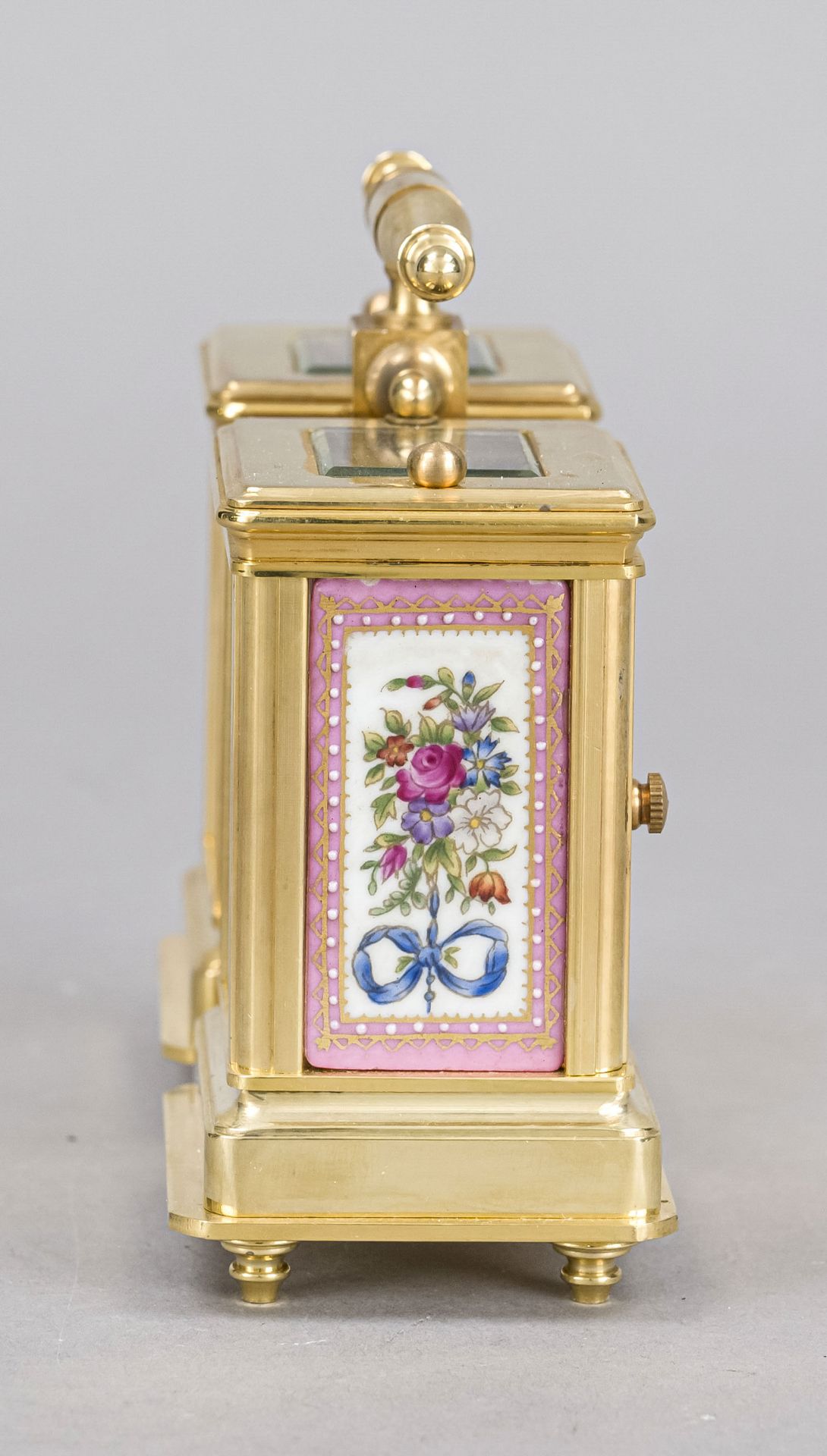 Travel alarm clock and barometer, 2nd half 20th century, gilt brass with top mounted handle, faceted - Image 4 of 4