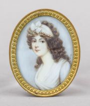 Miniature, 19th century, polychrome tempera painting on bone plate, unopened, oval portrait of a