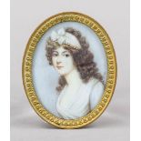 Miniature, 19th century, polychrome tempera painting on bone plate, unopened, oval portrait of a