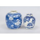 2 ginger pots, 1 x Japan 20th c., 1 x China 18th c. Both with cobalt blue prunus decoration. 1 x