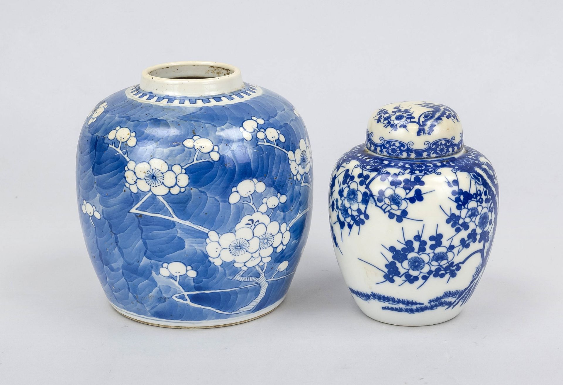 2 ginger pots, 1 x Japan 20th c., 1 x China 18th c. Both with cobalt blue prunus decoration. 1 x