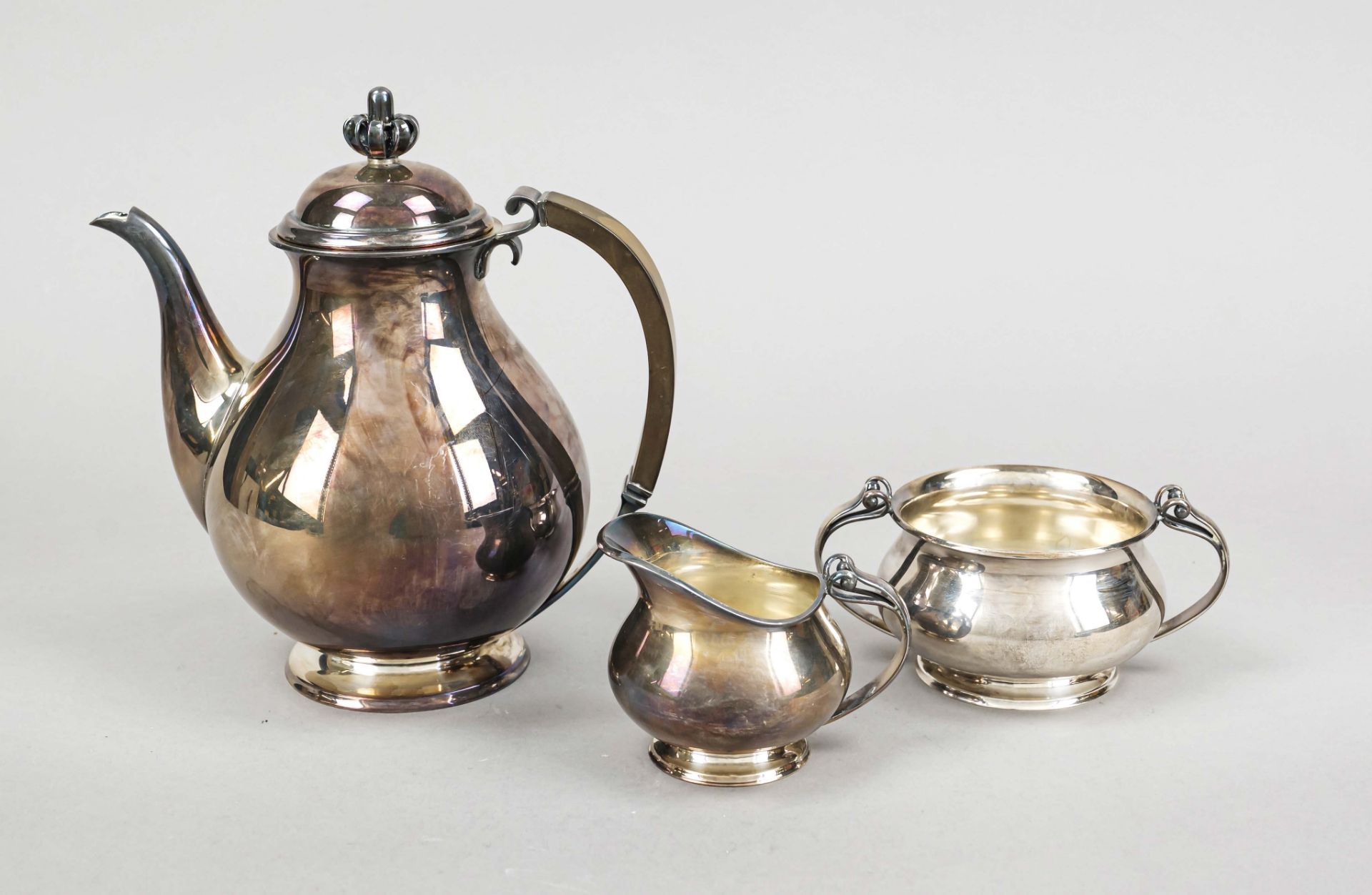 Three-piece coffee pot, Denmark, 20th century, maker's mark C. M. Cohr, Fredericia, sterling