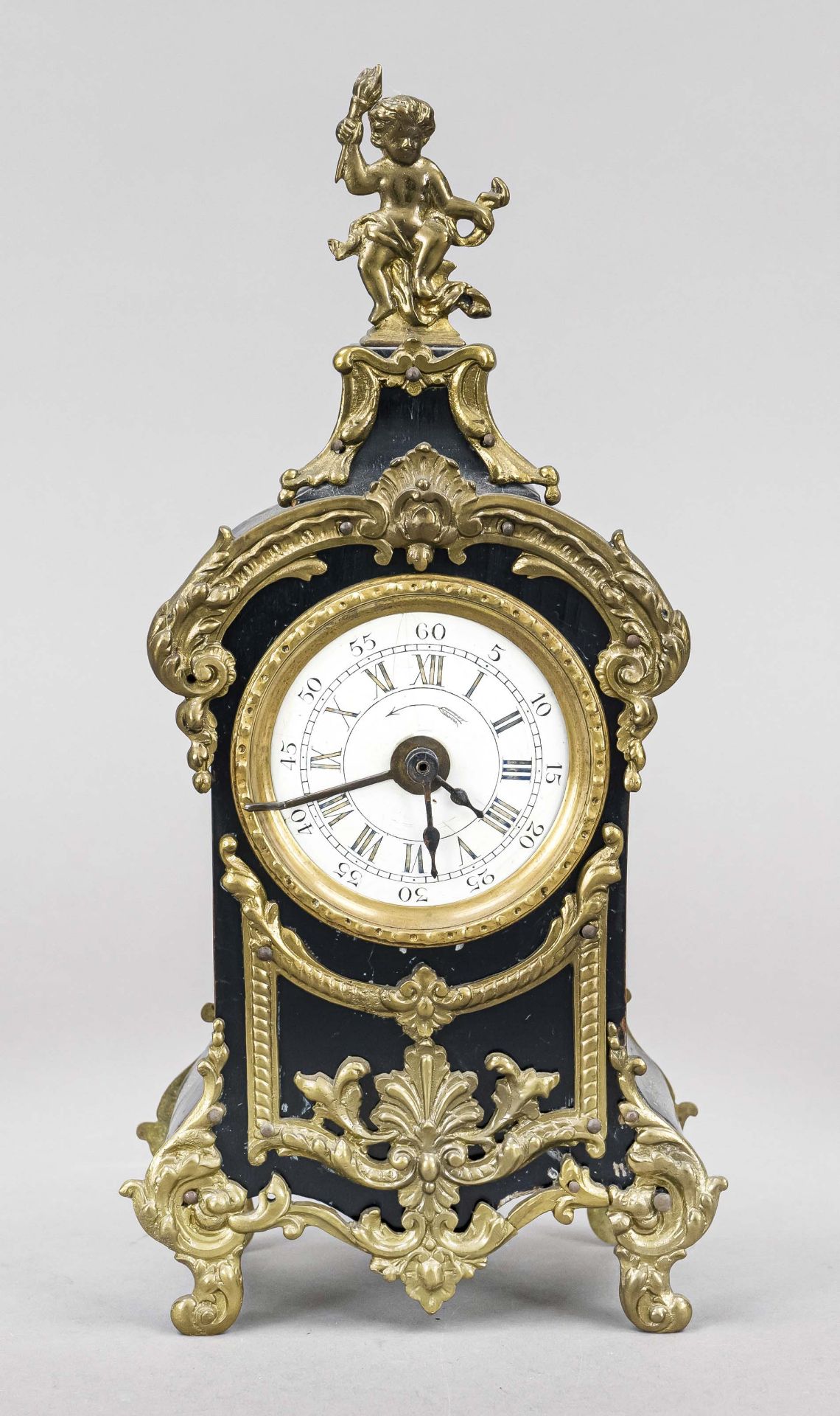 Table clock/alarm clock in the Regence style, France late 19th century, wood ebonized with gilt