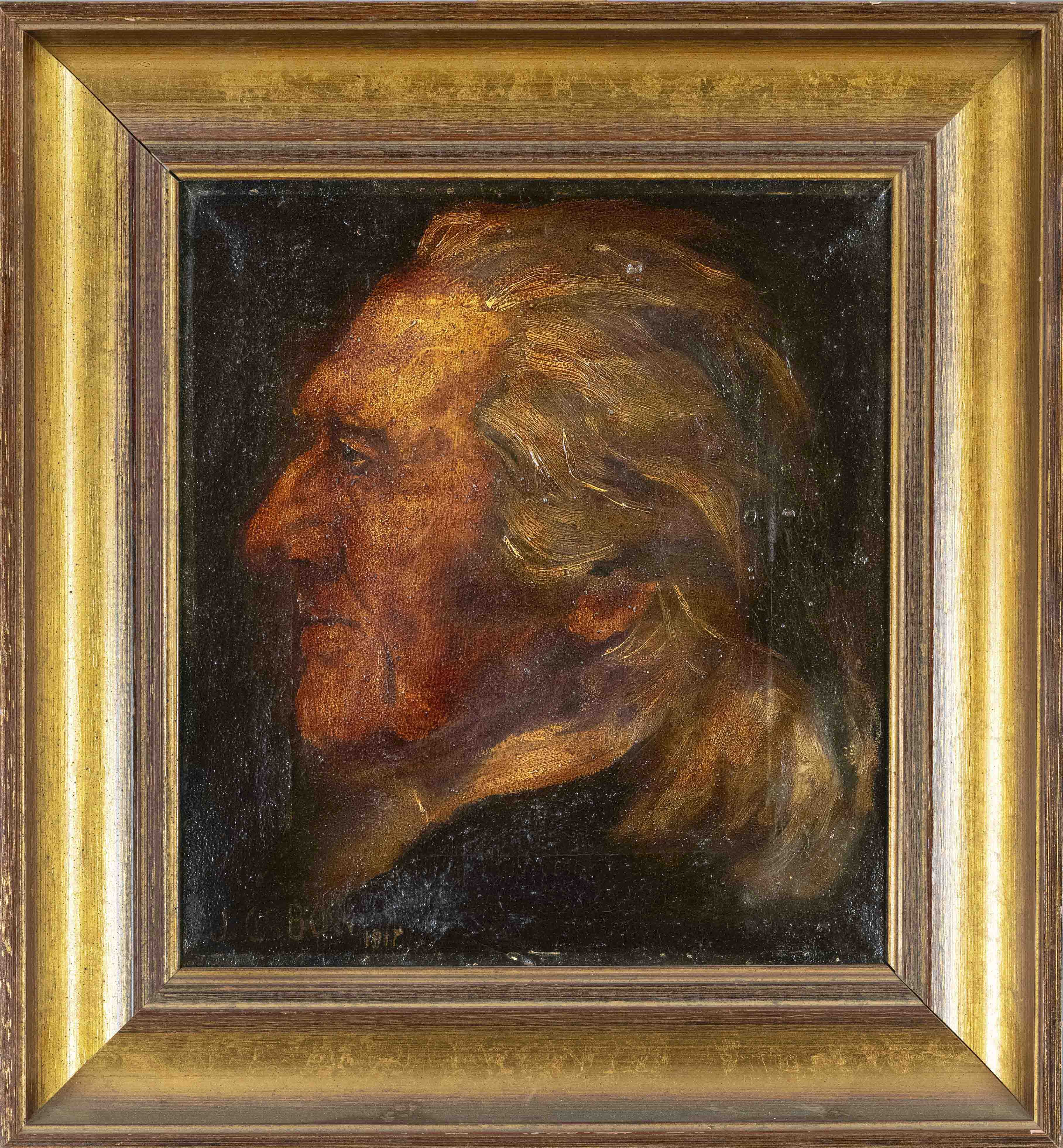 J. Gabor, 1st half 20th century, Profile portrait of a man with long hair, oil on canvas, signed and