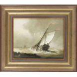Monogrammmist FH, mid-20th century, Seascape with sailing boat in a storm, oil on plywood,