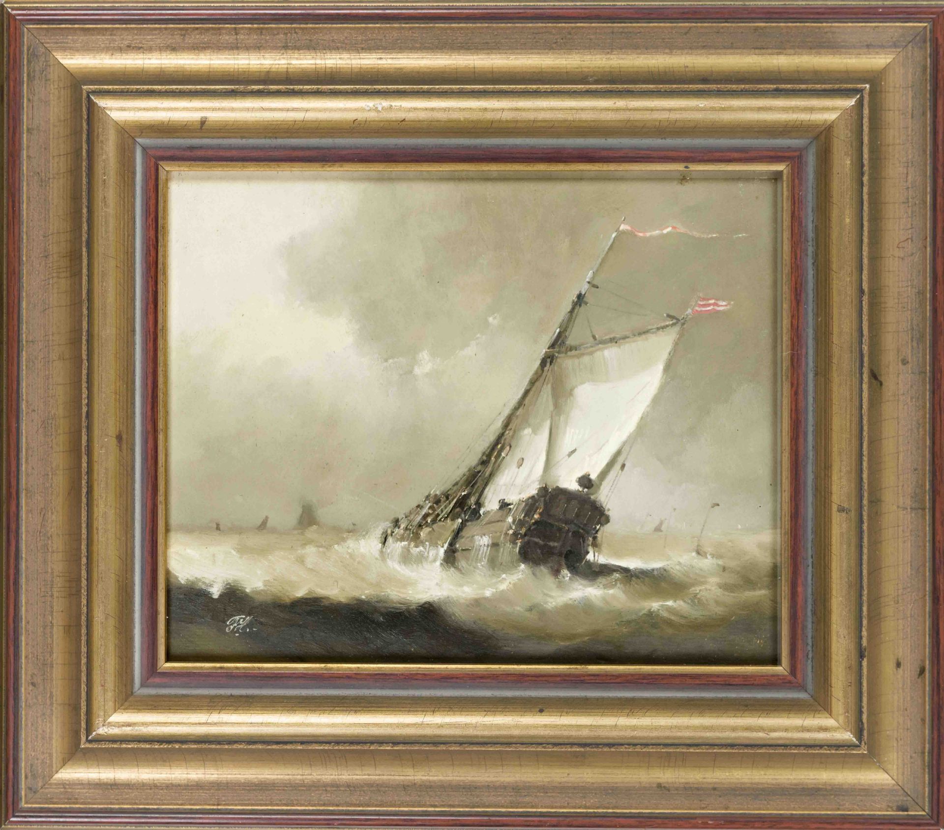 Monogrammmist FH, mid-20th century, Seascape with sailing boat in a storm, oil on plywood,