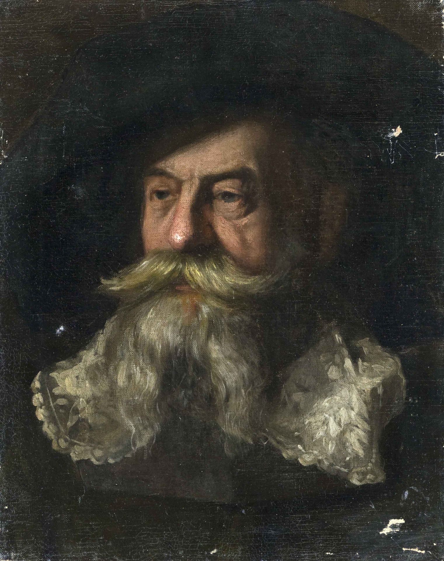 Anonymous history painter of the 19th century, Head of a man with beard and lace collar in the style