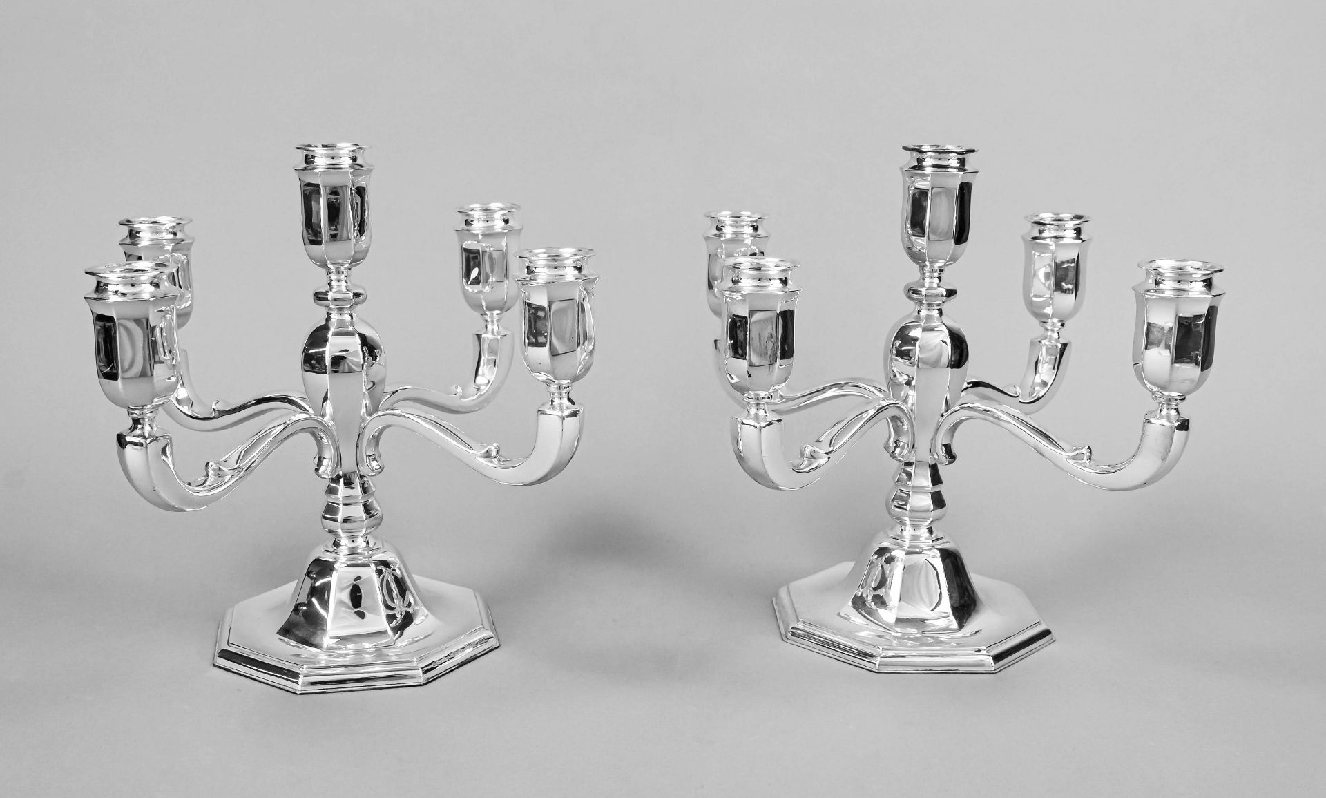 A pair of five-light table candlesticks, German, 20th century, maker's mark M. H. Wilkens & Söhne,