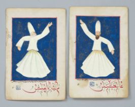 Two sheets from an illuminated Persian manuscript of the 19th century, dancing dervishes, tempera on