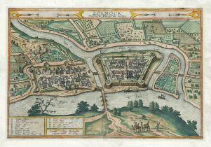 Hungary -- Szolnok (Zolnock), bird's eye view, old col. Copper engraving from ''Civitates Orbis