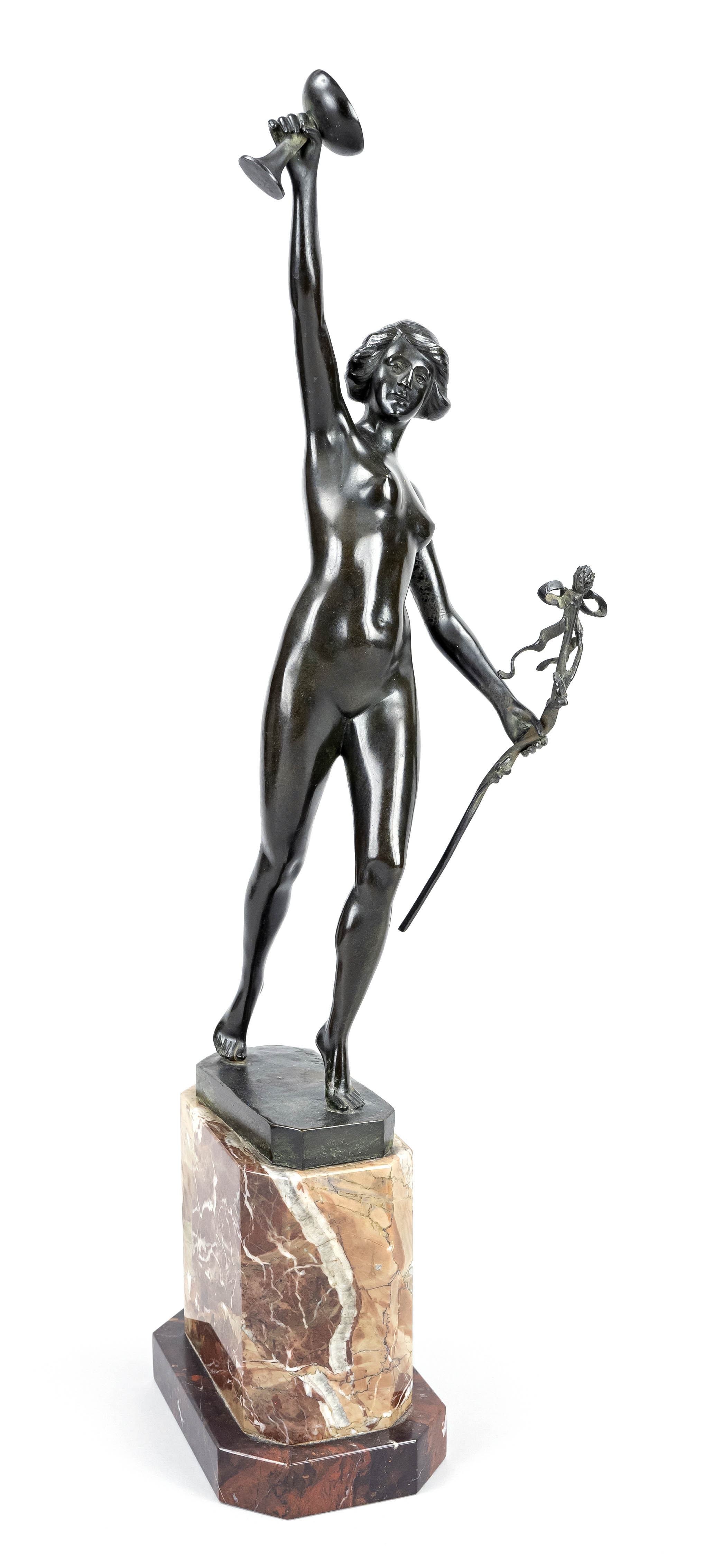 Otto Schmidt-Hofer (1873-1925), Berlin sculptor, female nude with raised chalice and thyrsos