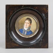Round miniature, 19th century, polychrome tempera painting on bone plate. Young man in gold-