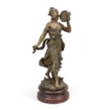 Hippolyte Moreau (1832-1927), Girl with Tambourine, brown patinated cast metal on a red marbled