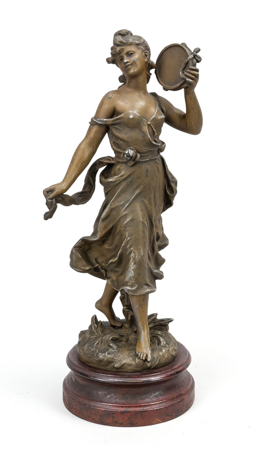 Hippolyte Moreau (1832-1927), Girl with Tambourine, brown patinated cast metal on a red marbled