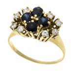 Sapphire diamond ring GG 585/000 with 4 round faceted sapphires 3.2 mm dark blue, translucent and