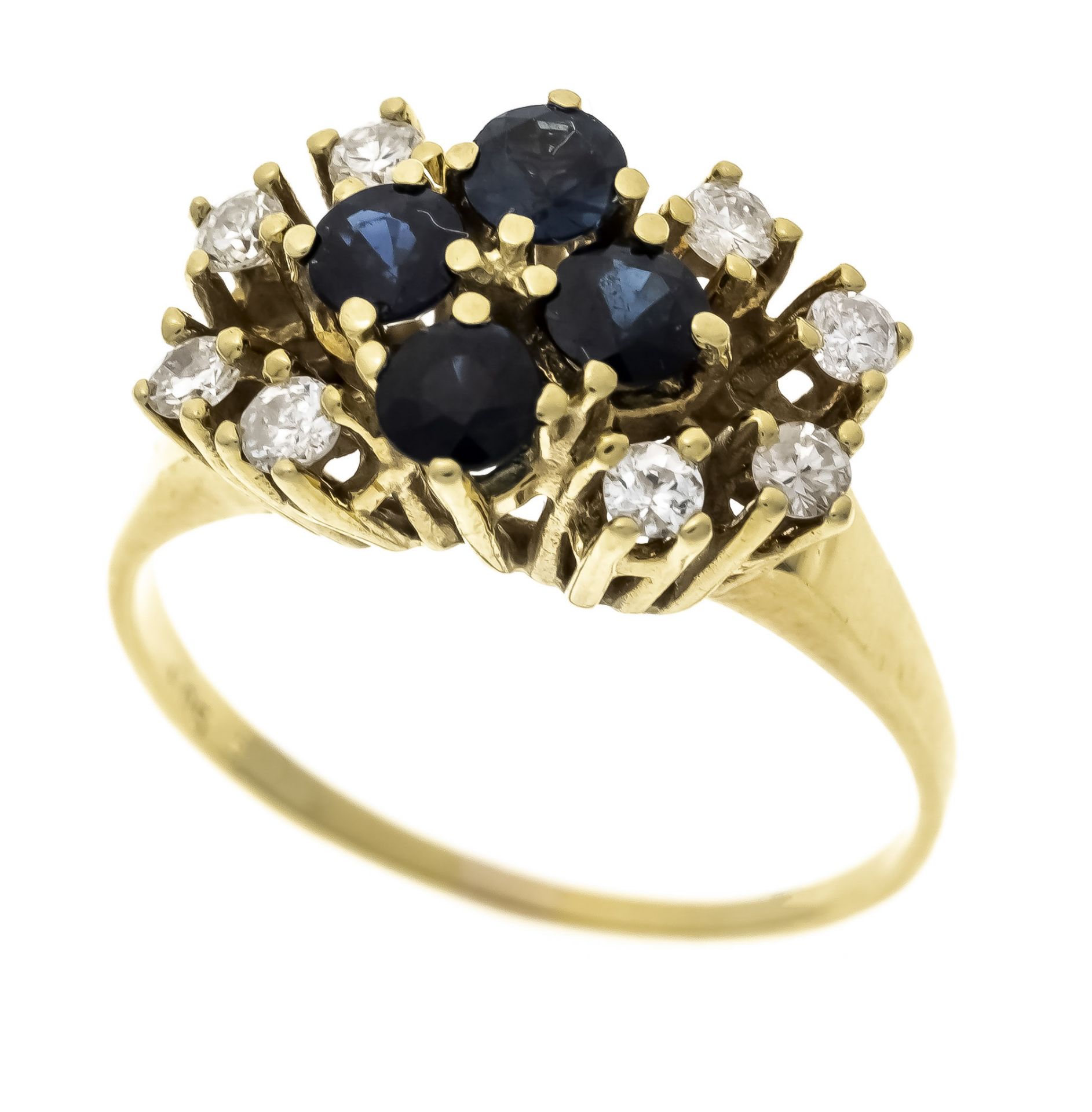 Sapphire diamond ring GG 585/000 with 4 round faceted sapphires 3.2 mm dark blue, translucent and