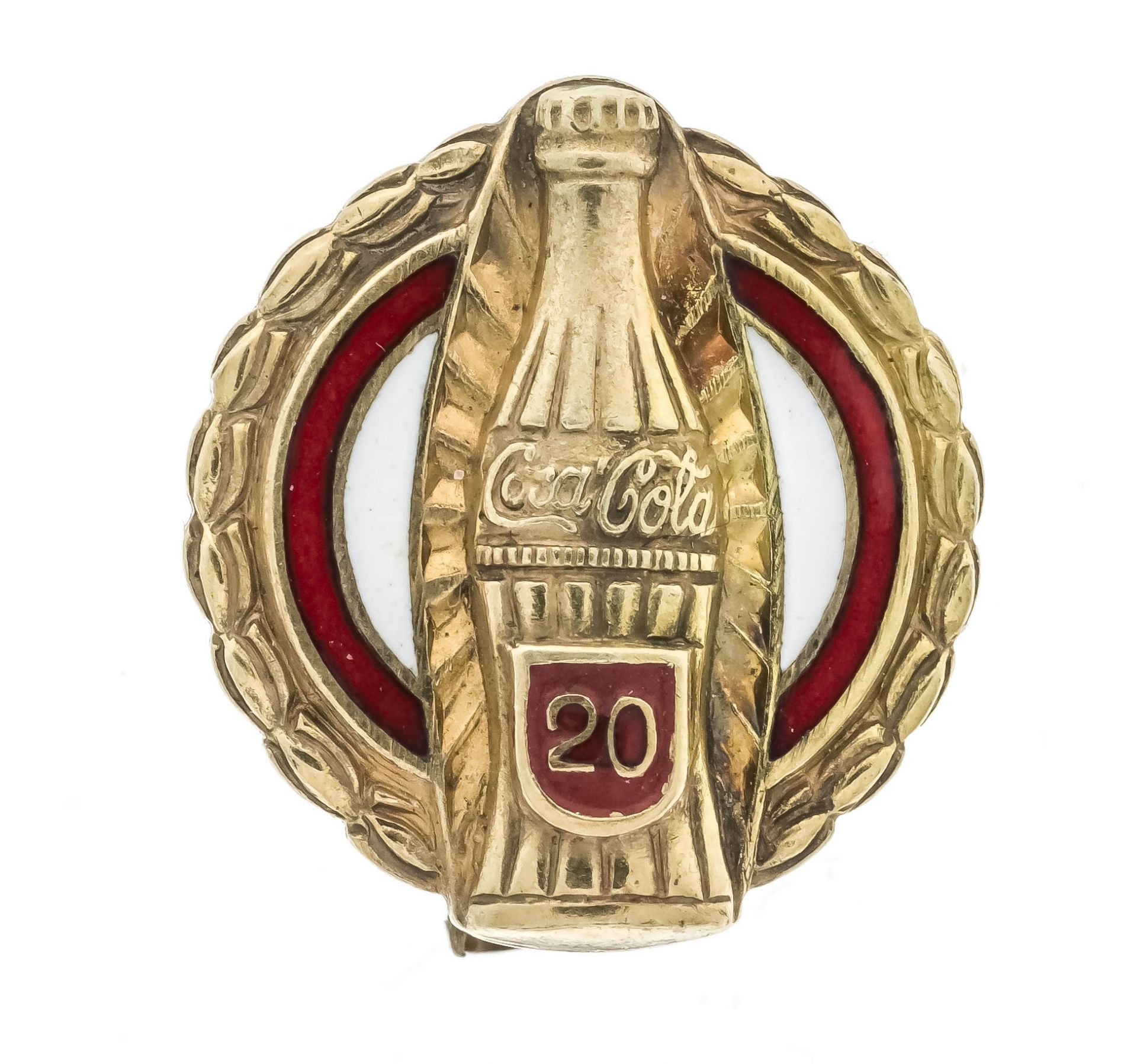 Small Coca Cola motif brooch, GG 585/000 and brisur doublé, with red and white enamel, brooch