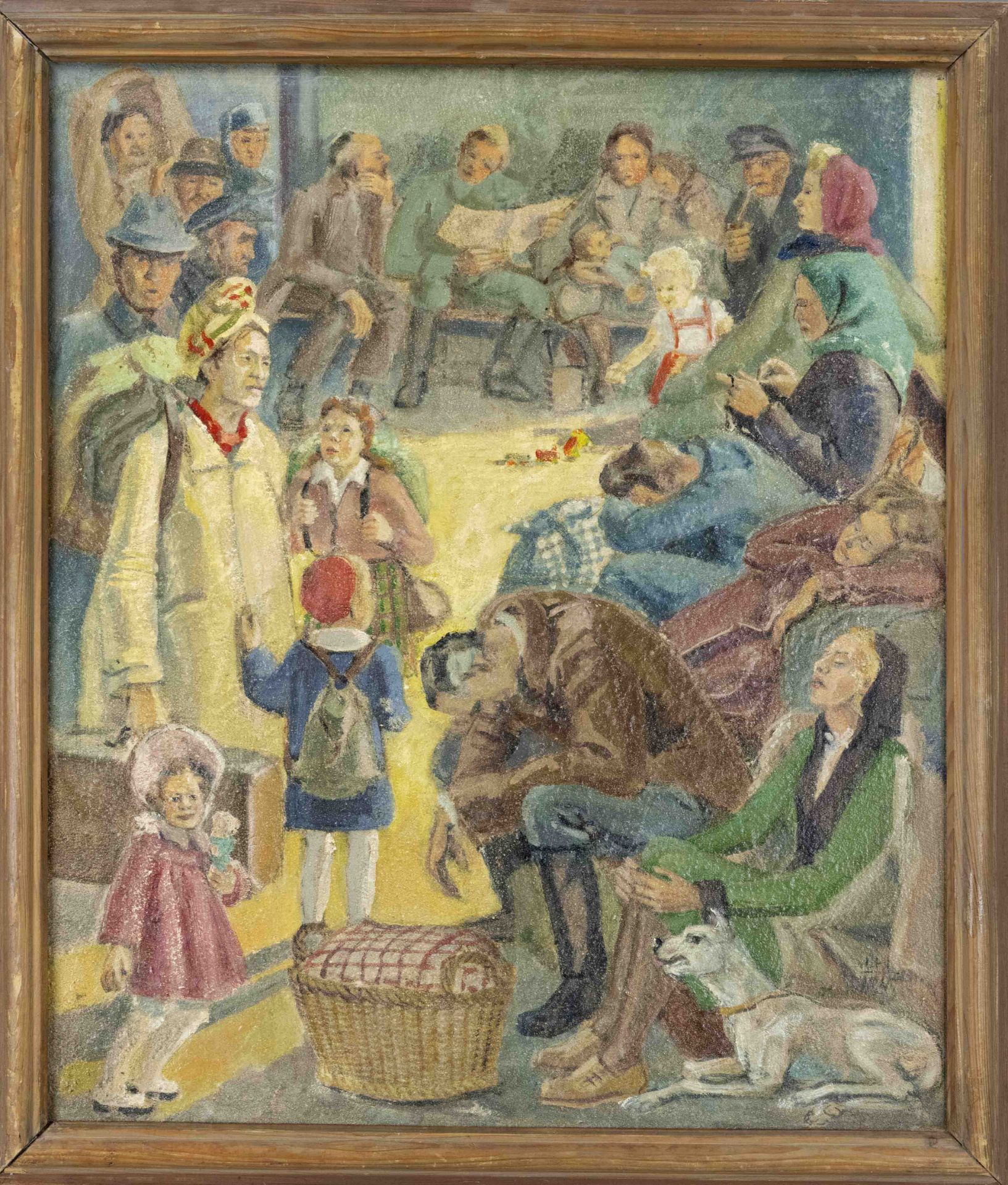 Monogrammist LH, 1st half 20th century, Crowd in a waiting room, oil on hardboard, monogrammed and