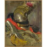 Unidentified painter, c. 1920, Still life with helmet, glove and pistol, oil on plywood,