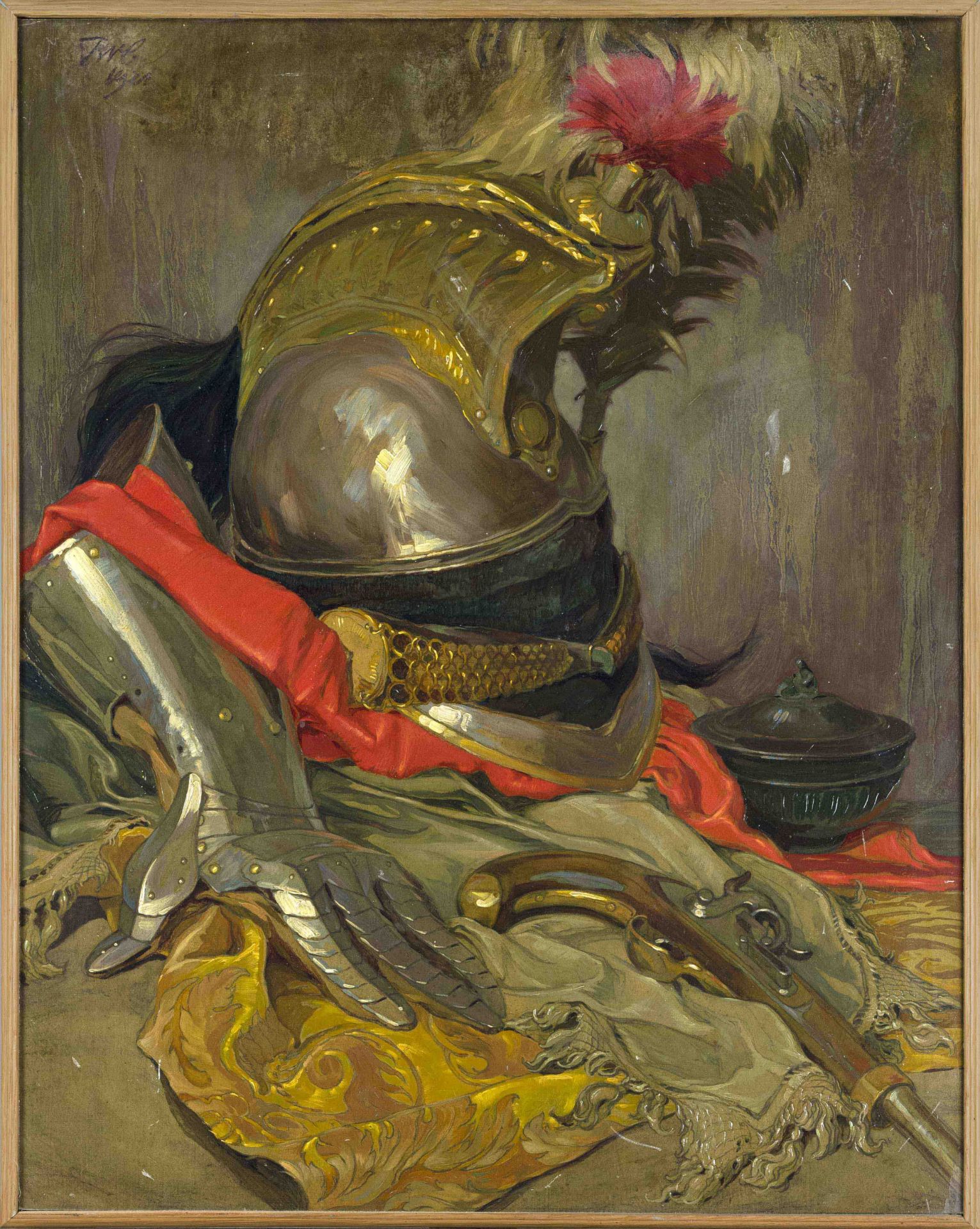 Unidentified painter, c. 1920, Still life with helmet, glove and pistol, oil on plywood,