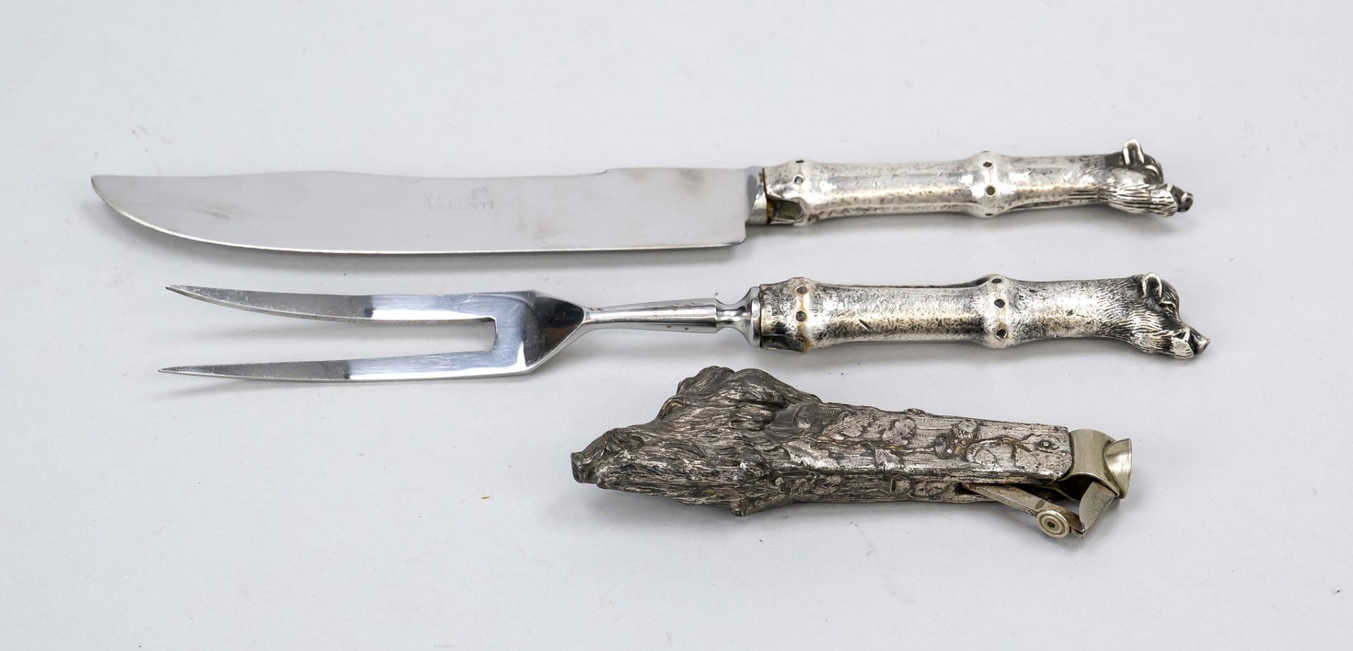 Hunting roasting cutlery Carving cutlery, Germany 20th century Handles pewter with boar heads at the