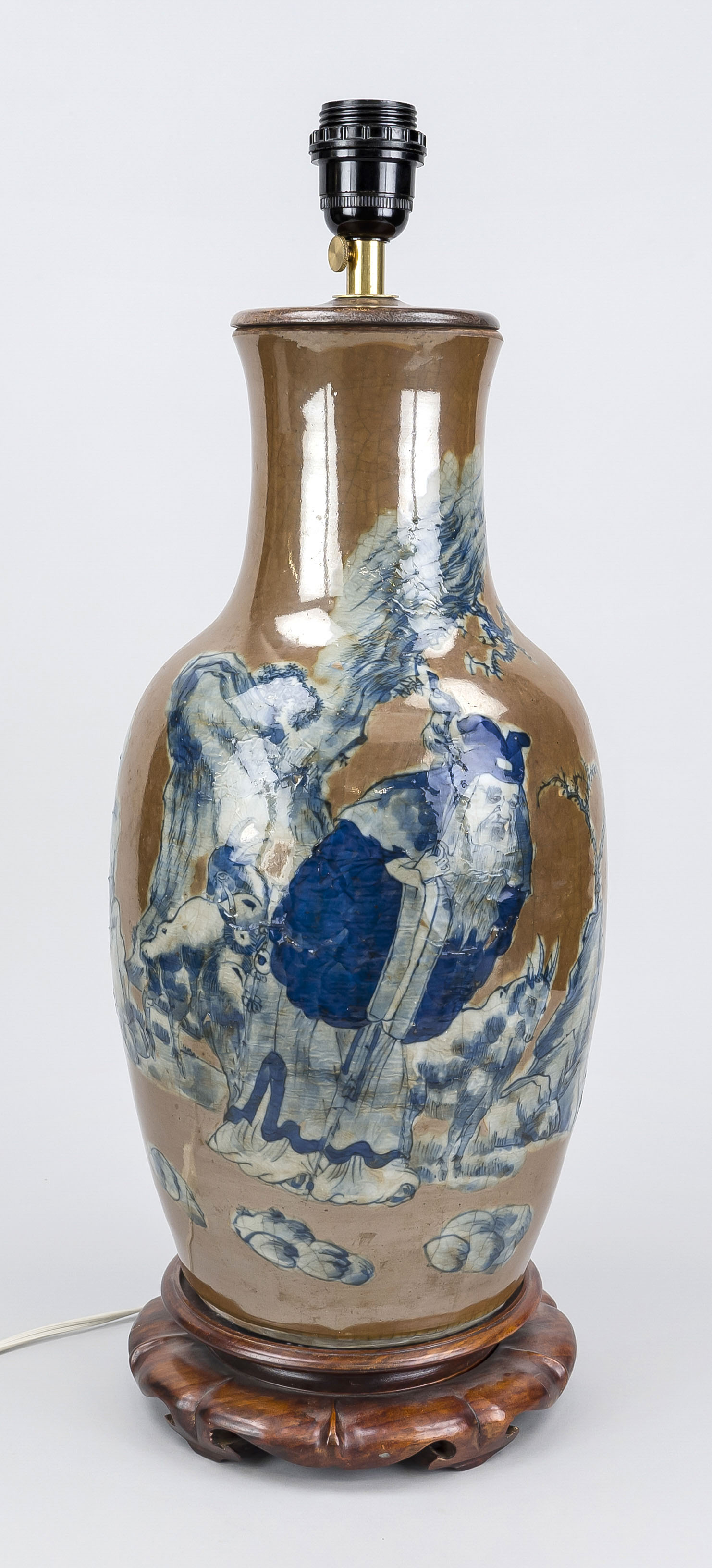 Vase with lamp mounting, China, 19th/20th century, cobalt blue painting with goatherds in a rocky