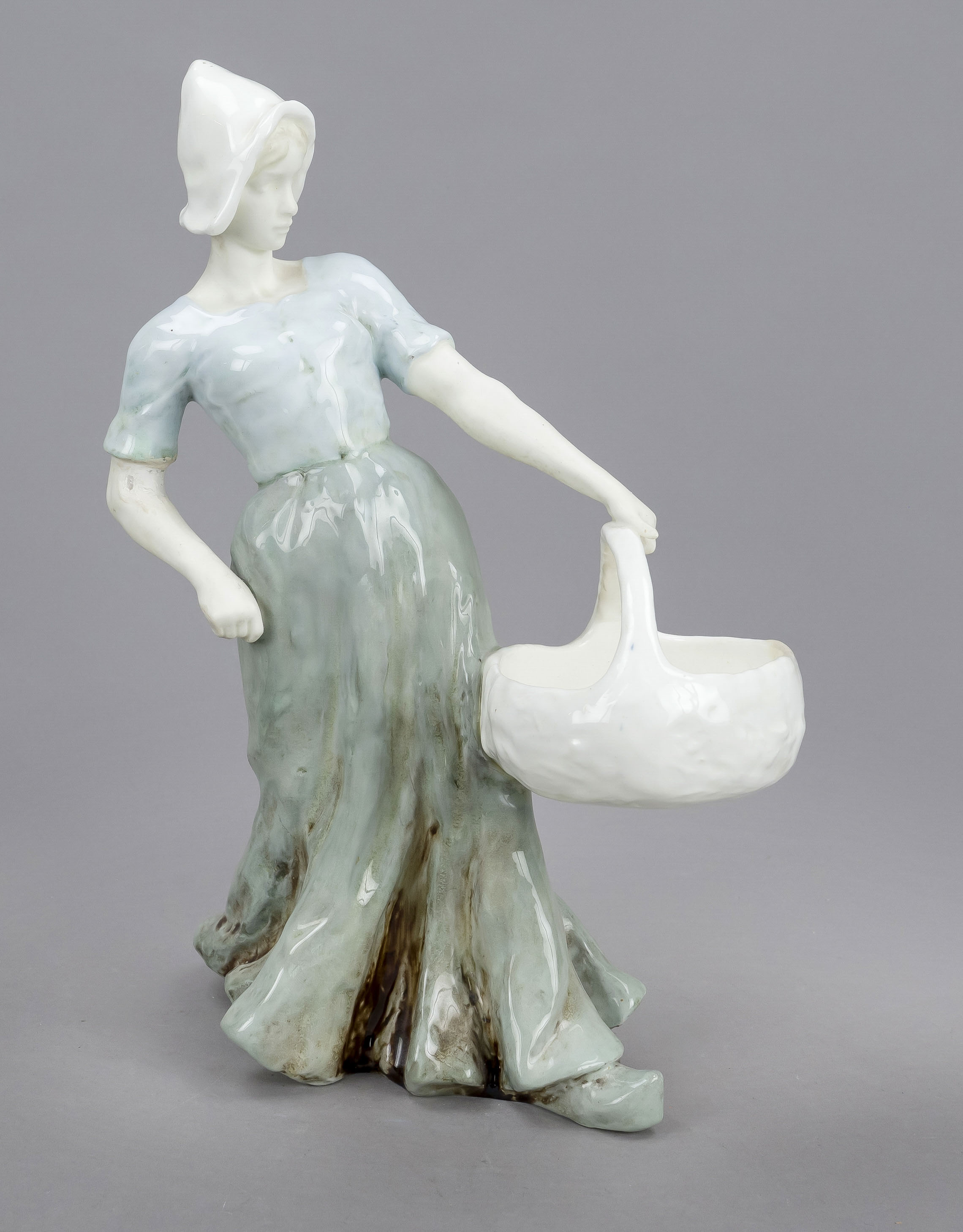 Dutchwoman with jug, Goldscheider, Vienna, c. 1900, ceramic, polychrome glaze with blue-blue