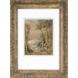 Unidentified 19th century artist, Summer forest path with wood gatherers, watercolor on buff