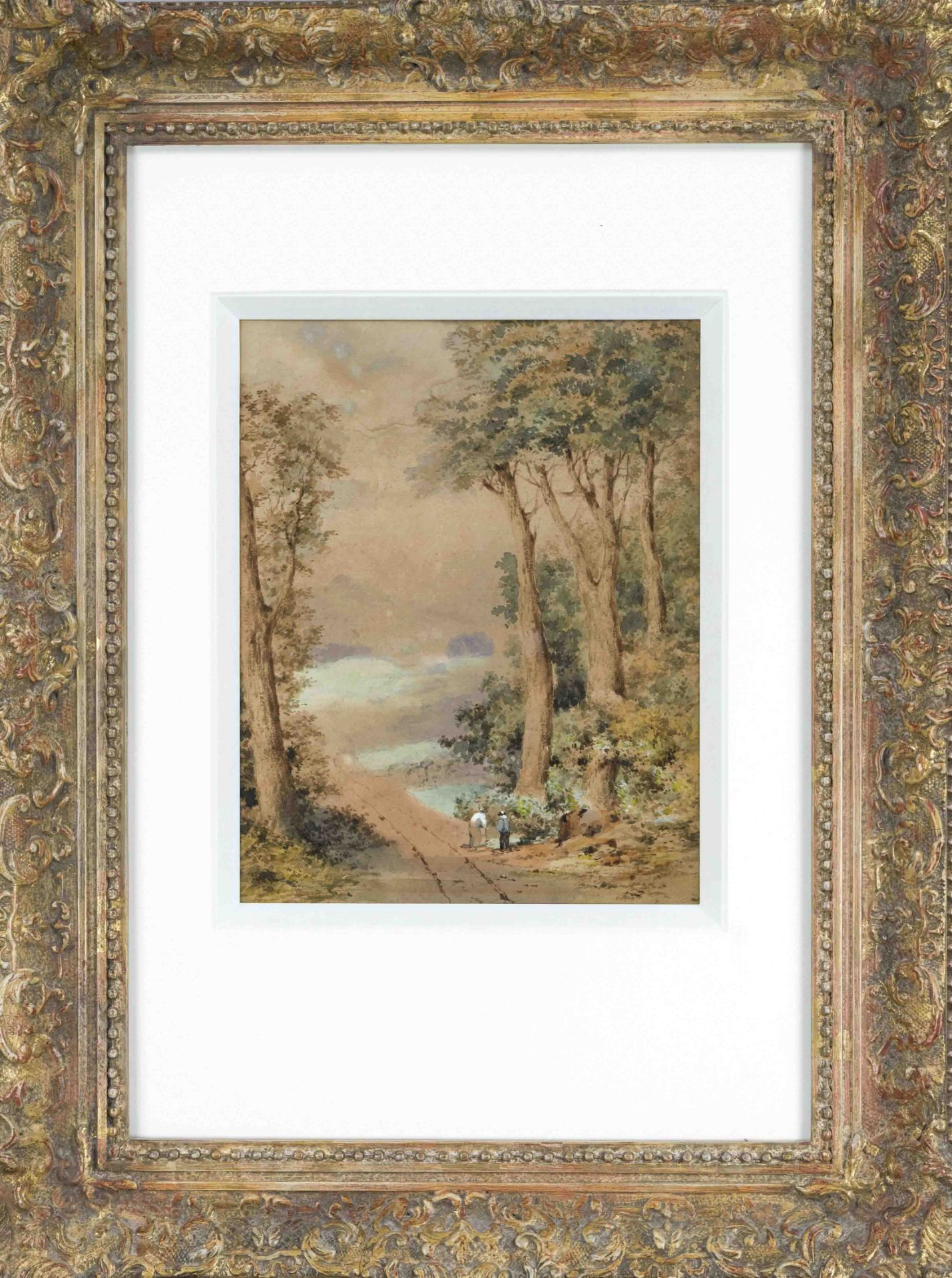 Unidentified 19th century artist, Summer forest path with wood gatherers, watercolor on buff