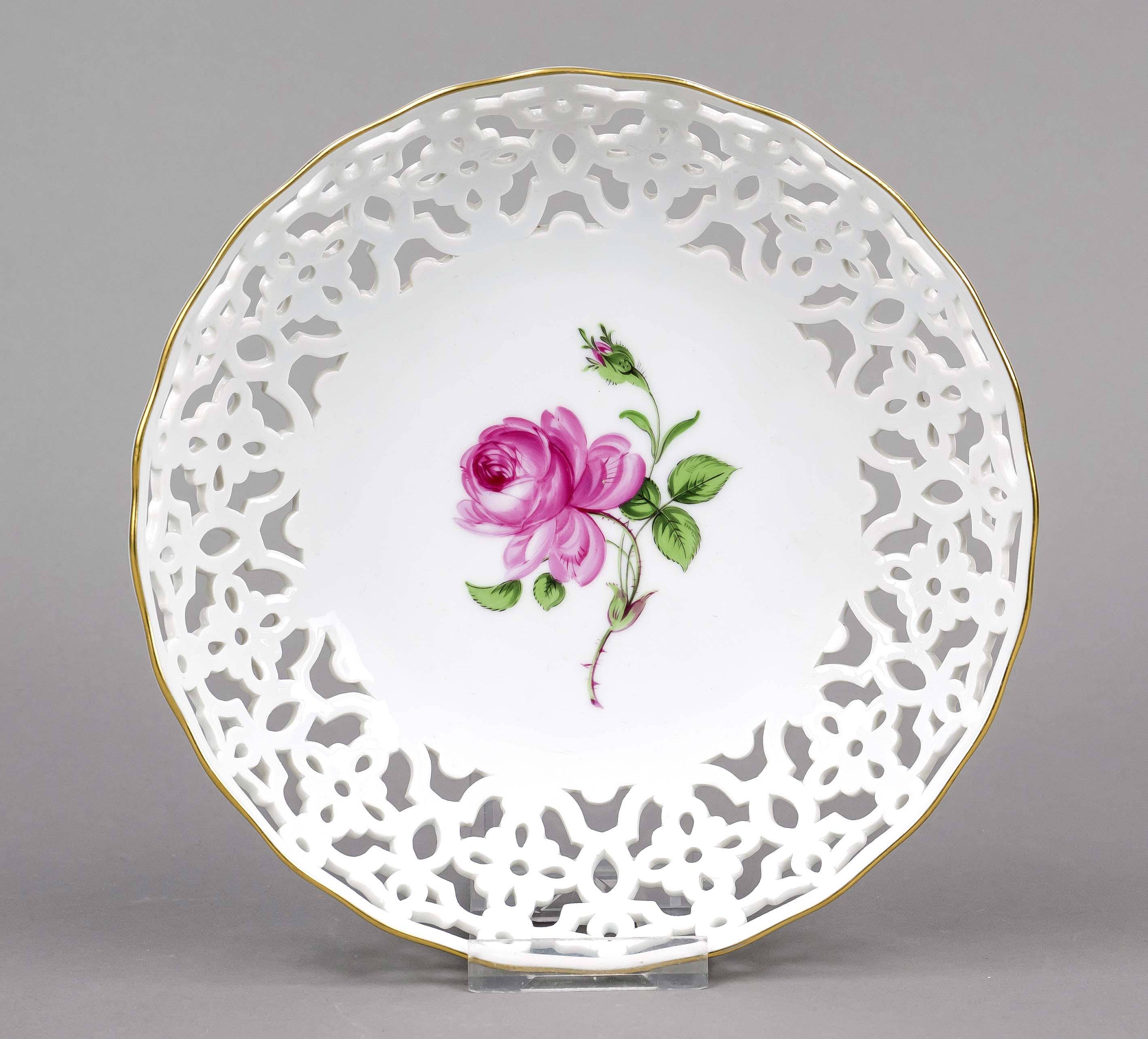Round bowl, Meissen, 1905s, 2nd choice, pierced wall with floral pattern, polychrome flower painting