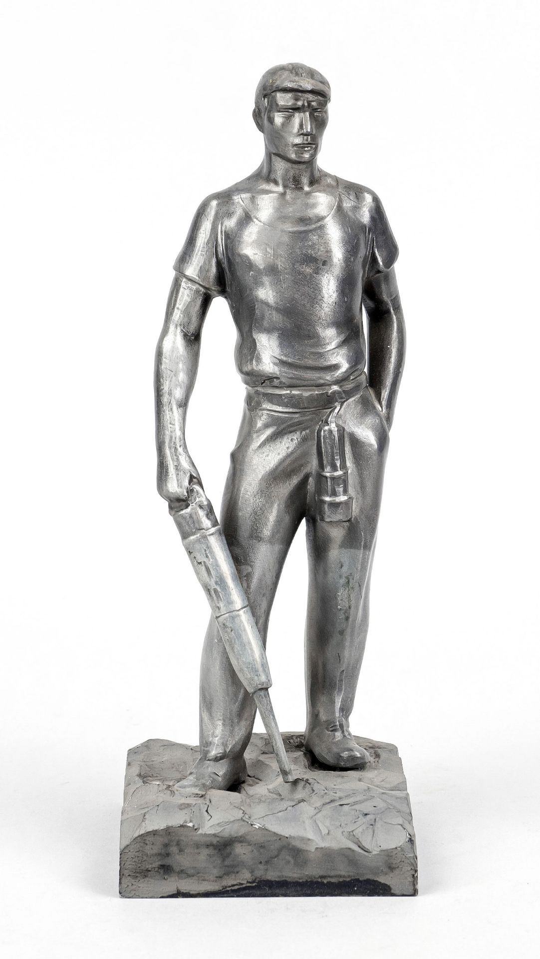 Anonymous sculptor 1st half 20th century, miner with pneumatic hammer, cast metal on stone splint,