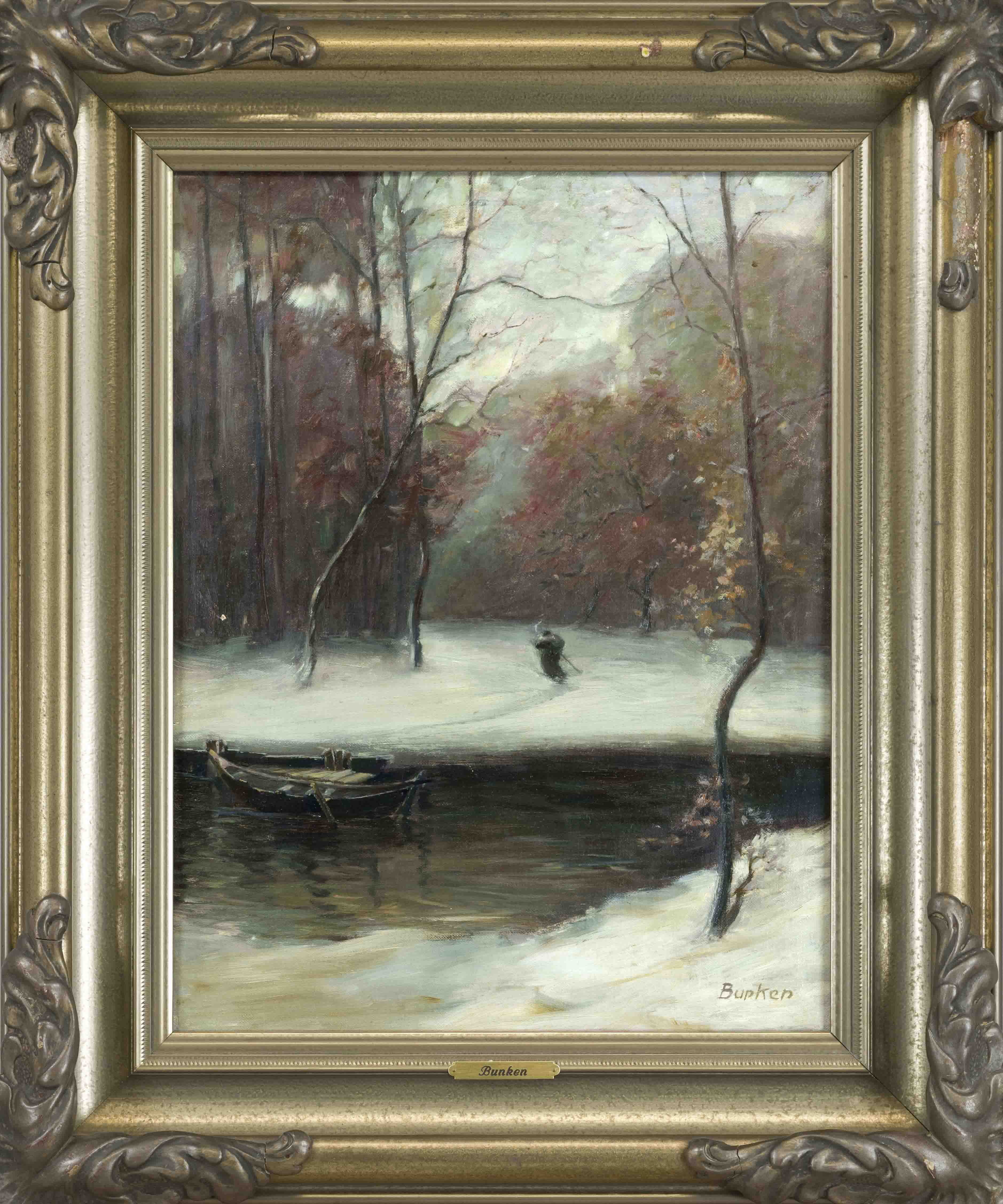 signed Bunken, German artist c. 1910, winter landscape with figure, oil on canvas, signed ''Bunken''