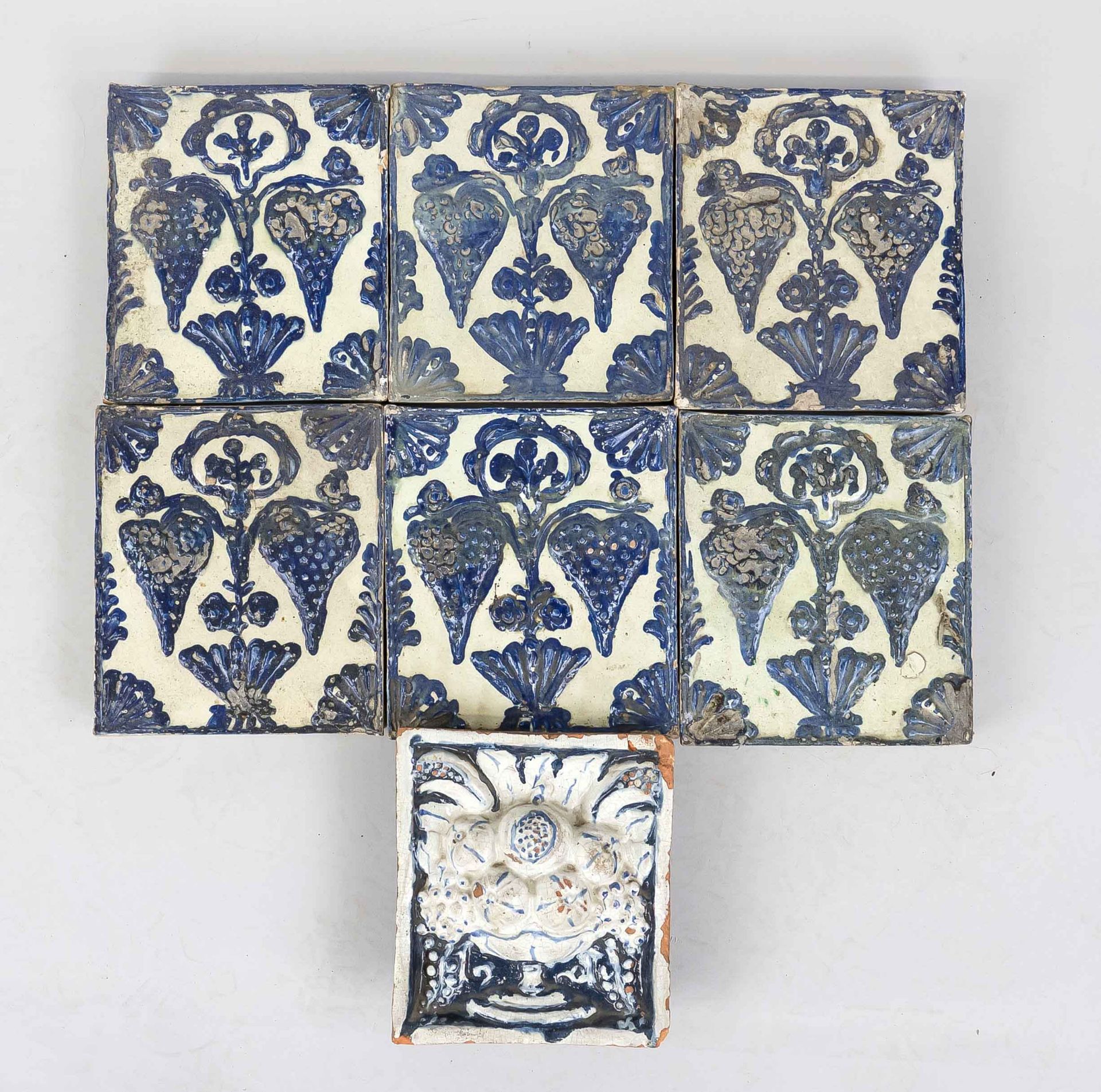 A collection of 7 historical stove tiles, Romania/Transylvania 18th/19th century, cobalt blue