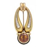 Madeira citrine enamel brooch circa 1940 GG 585/000 with black enamel and a round faceted Madeira